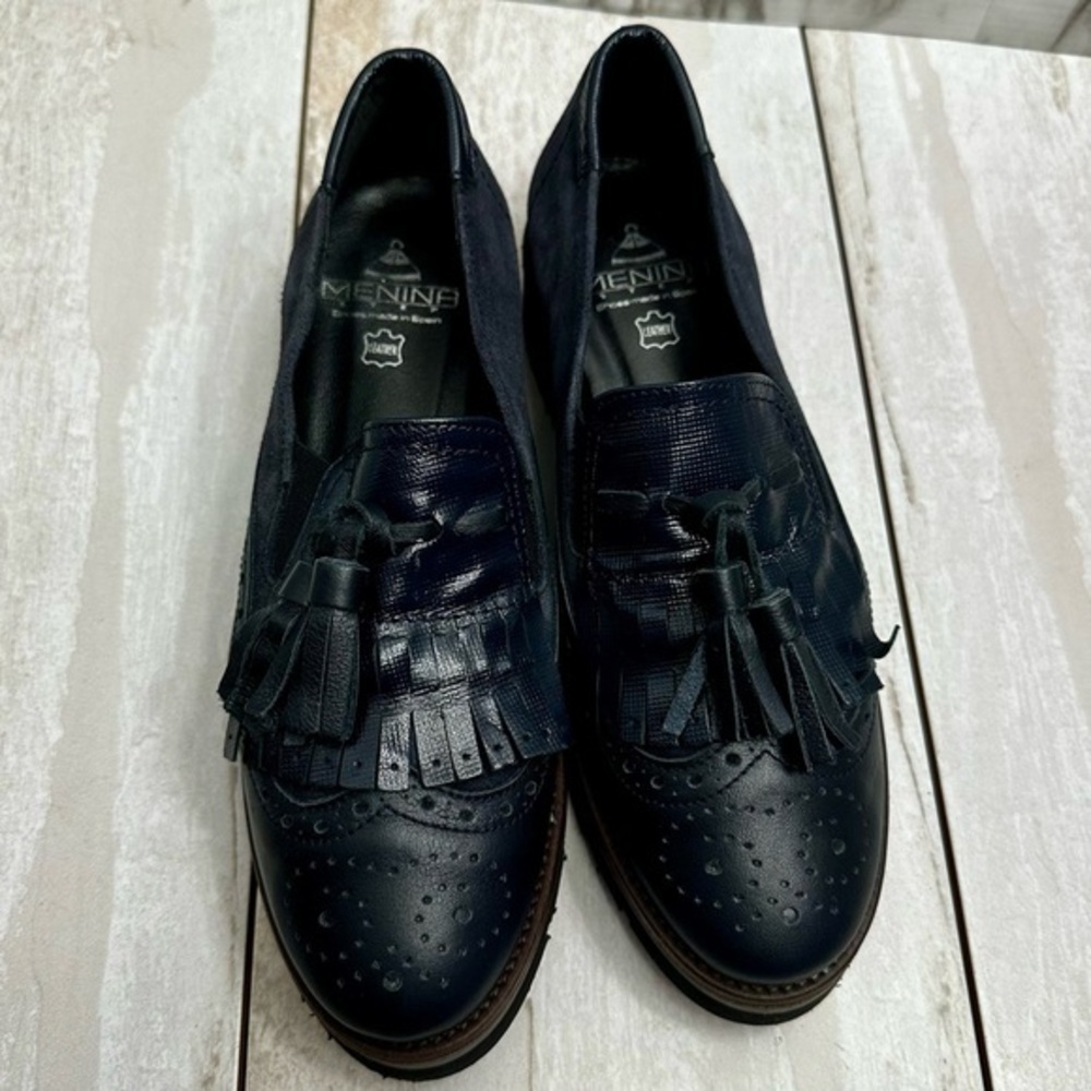 Navy Blue Leather Suede Brogue Tassel Slip On Loafers Preppy Academic Classic